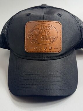 Bass Pro Shops Black Hat with Brown Leather Patch